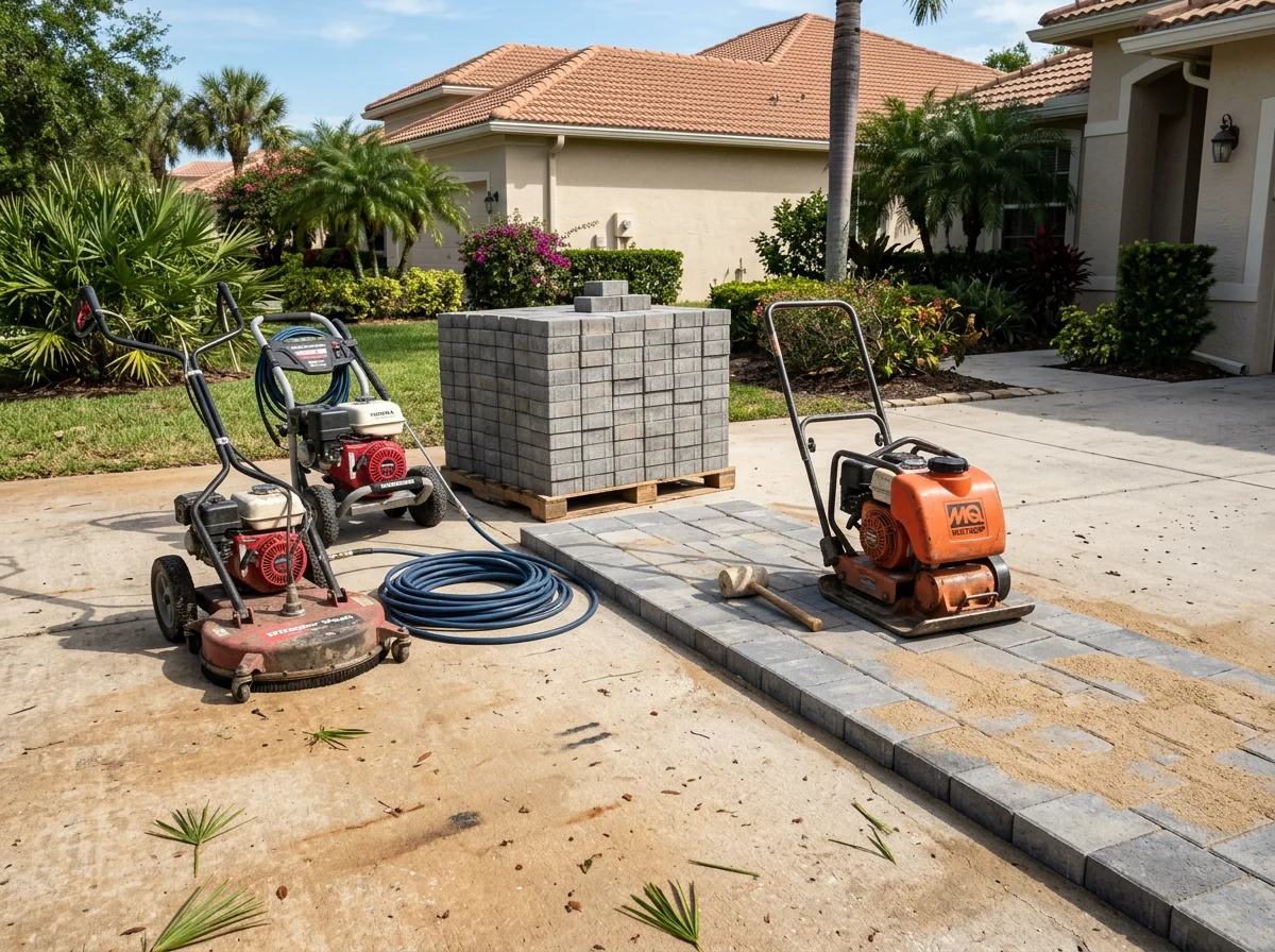 Exterior view of tools and equipment used for pressure washing and paver installation, arranged on a driveway in daylight. The scene shows no people.