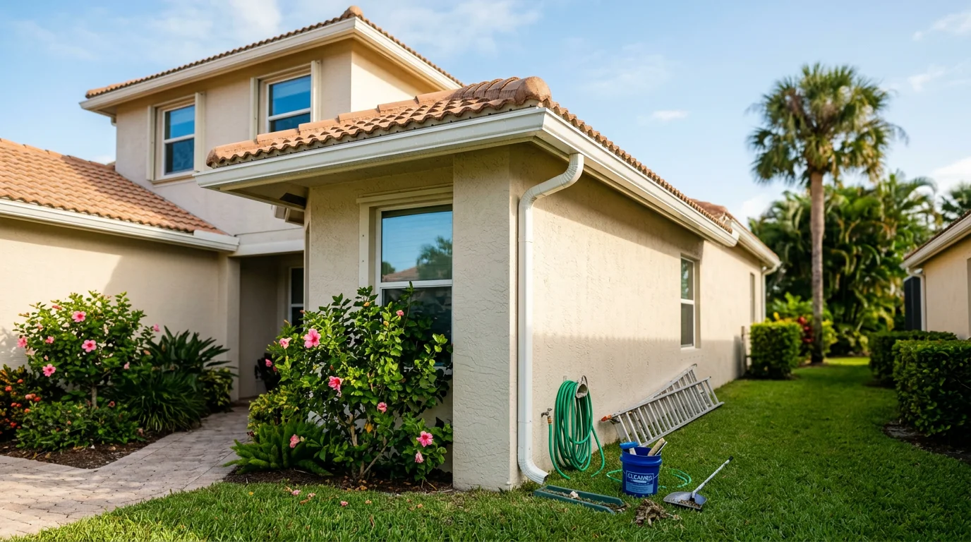 Technician cleaning gutters on a home in Palm City, FL