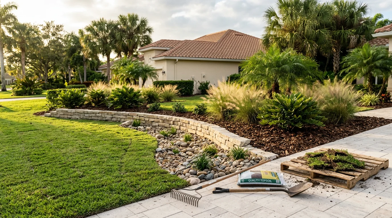 Newly graded yard with fresh sod and stone borders in Martin County, FL
