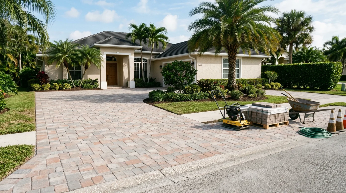 Brick paver driveway being installed at a home in Palm City, FL
