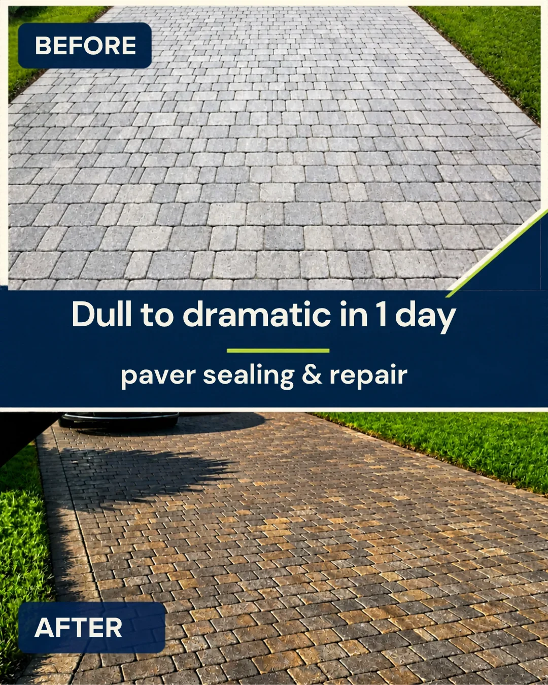 Before and after comparison of an interlocking concrete paver driveway, dull gray surface restored to rich brown tones after sealing