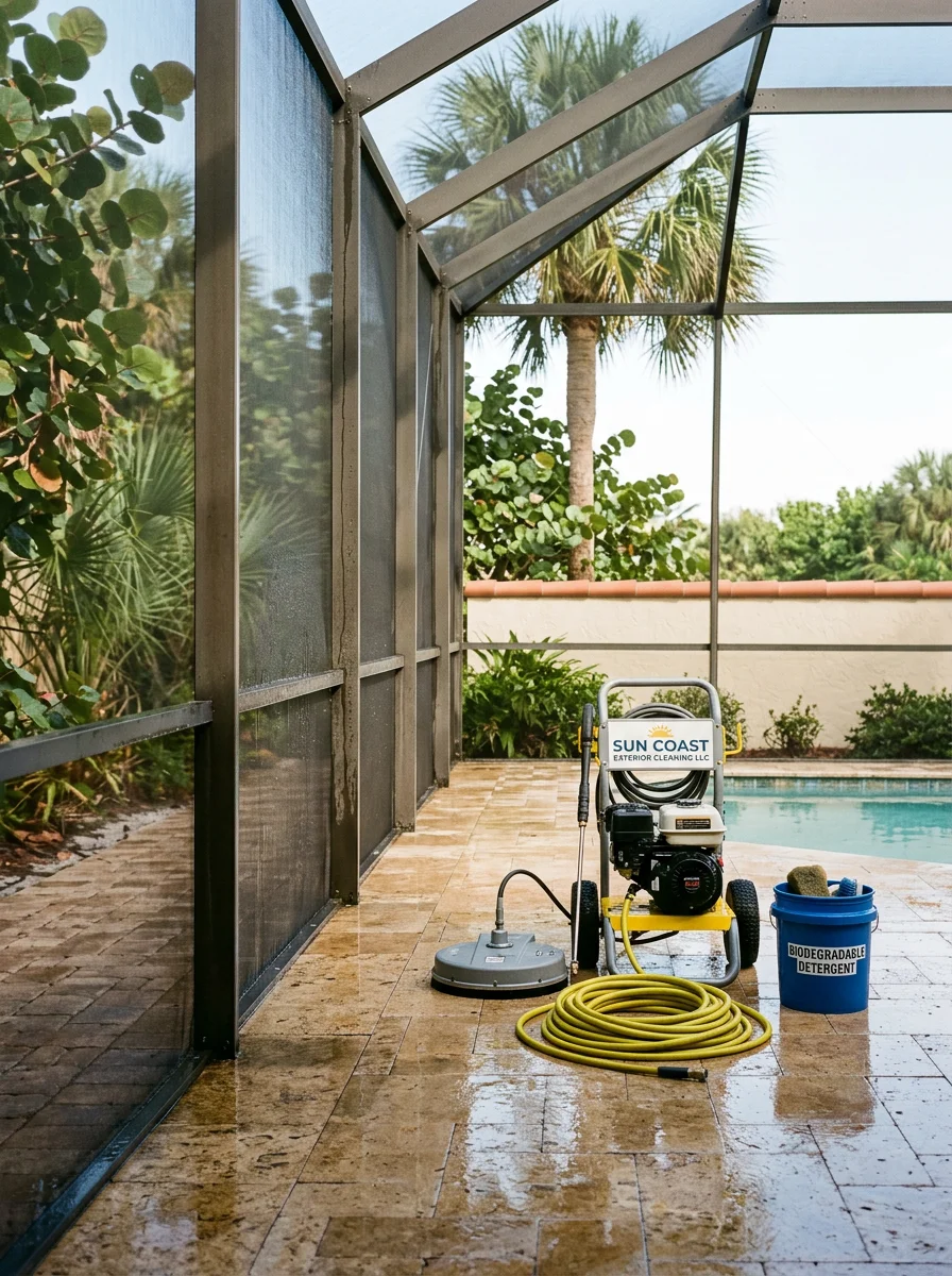 Pool deck and screened pool cage being cleaned in Hobe Sound, Florida