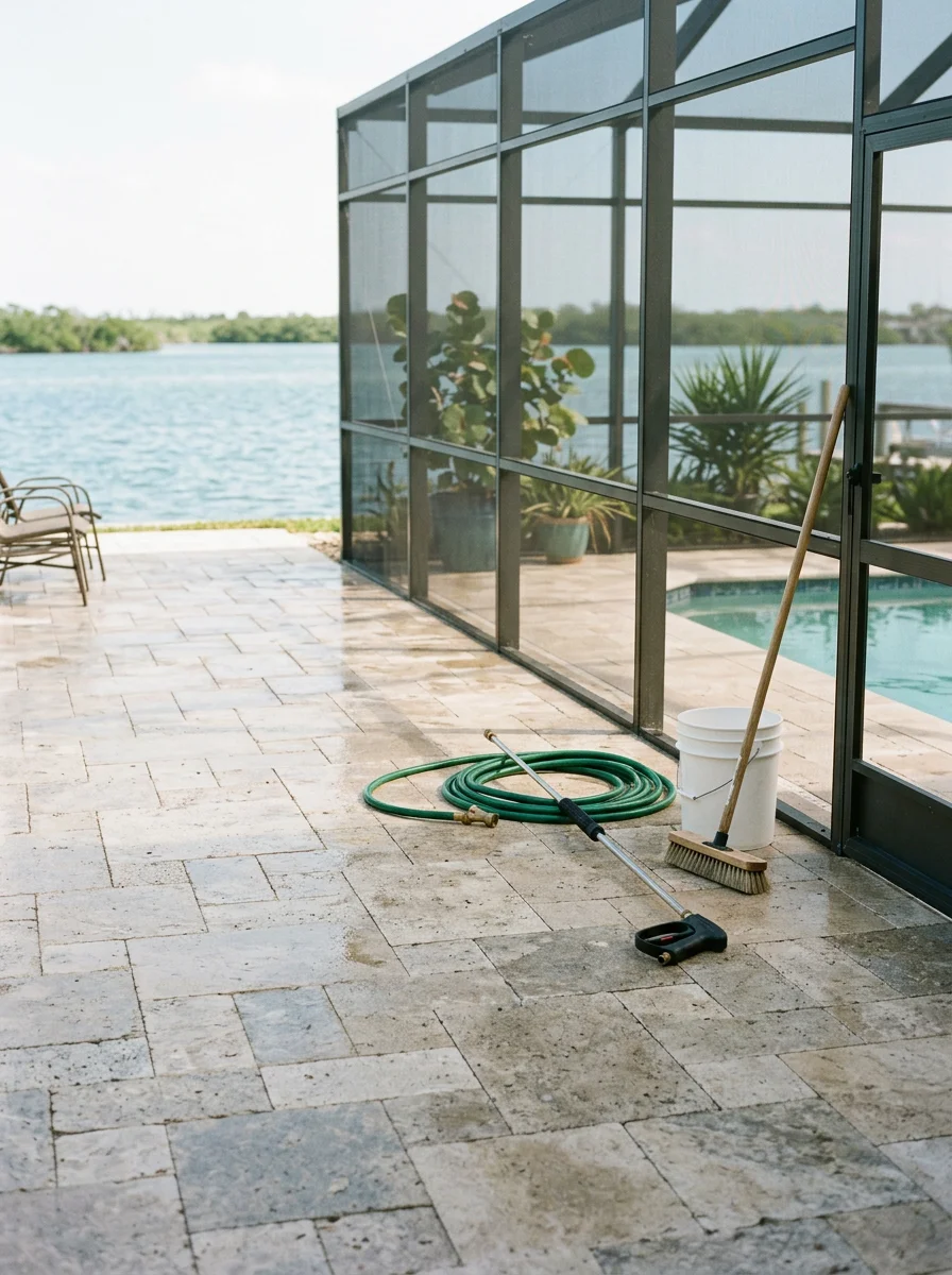 Cleaned pool cage and paver pool deck at a Jensen Beach Hutchinson Island property with the Indian River Lagoon visible through the screen enclosure.