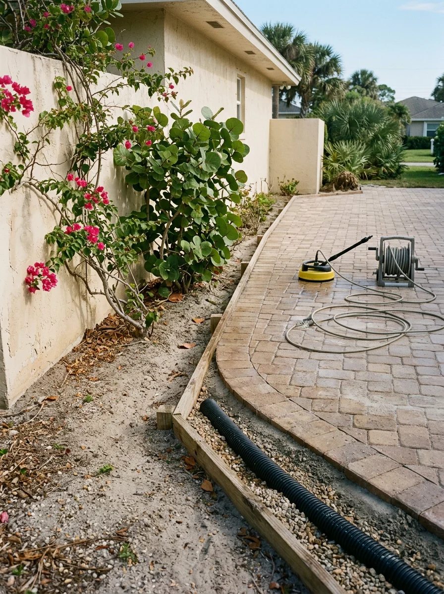 Paver patio installation with proper drainage near a Juno Beach residence