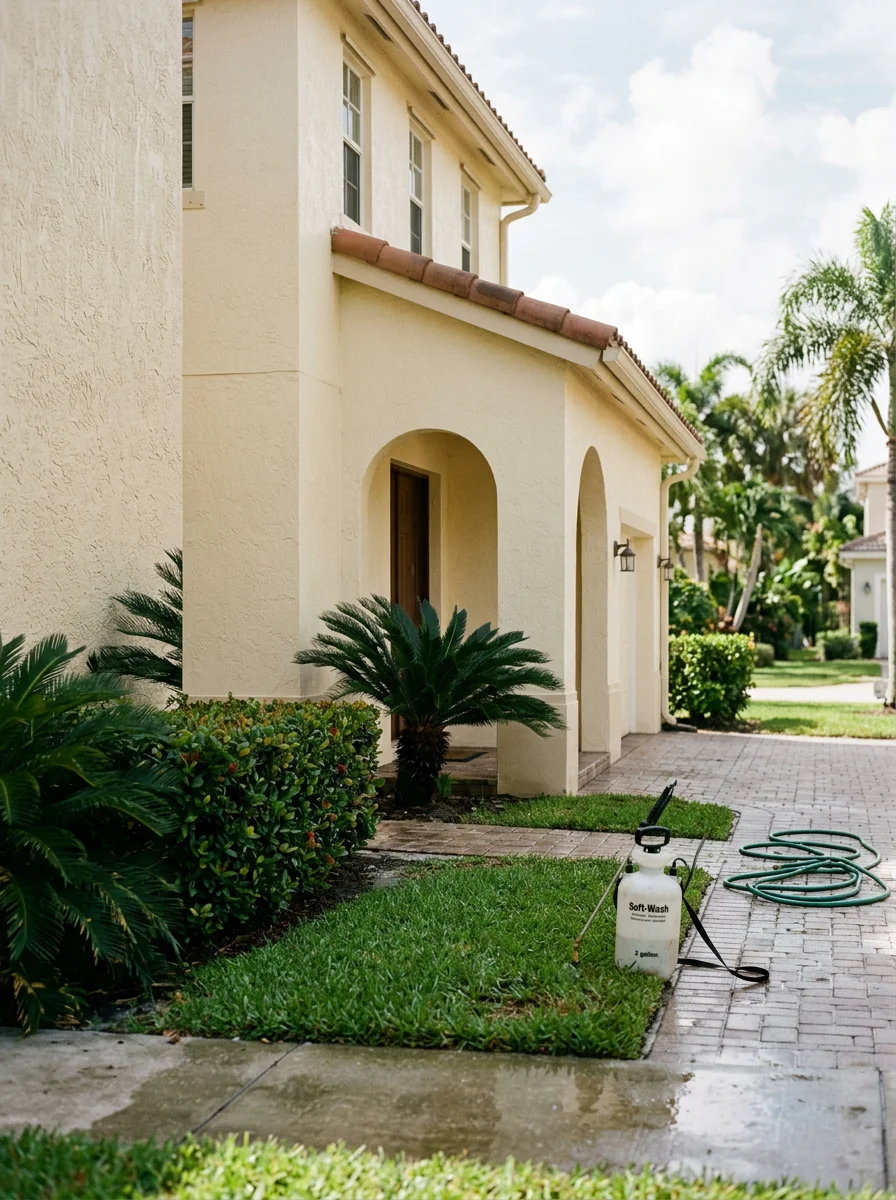Soft wash cleaning of a stucco home exterior in Jupiter, Florida