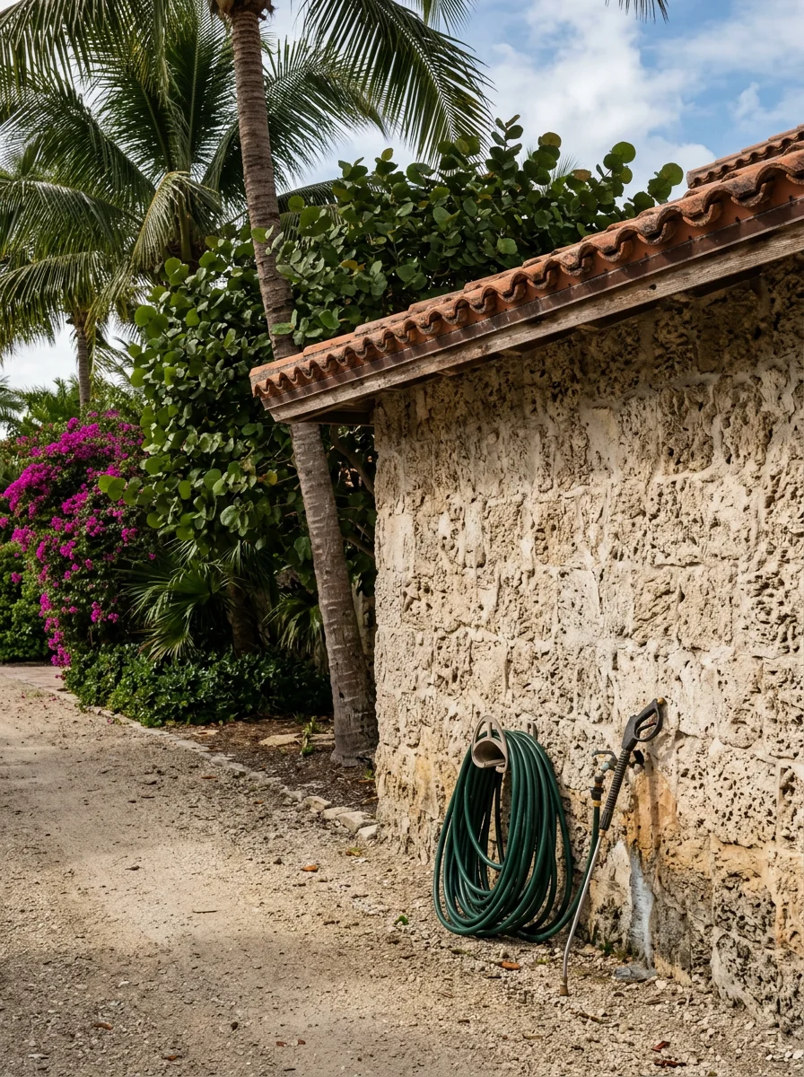 Soft-washed exterior wall of a Jupiter Island custom estate home showing clean coral stone masonry and tropical landscaping along the property edge.