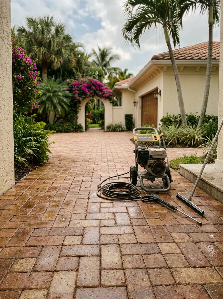 Cleaned and sealed brick paver driveway at a Martin County residential property with a stucco home and mature landscaping in the background.