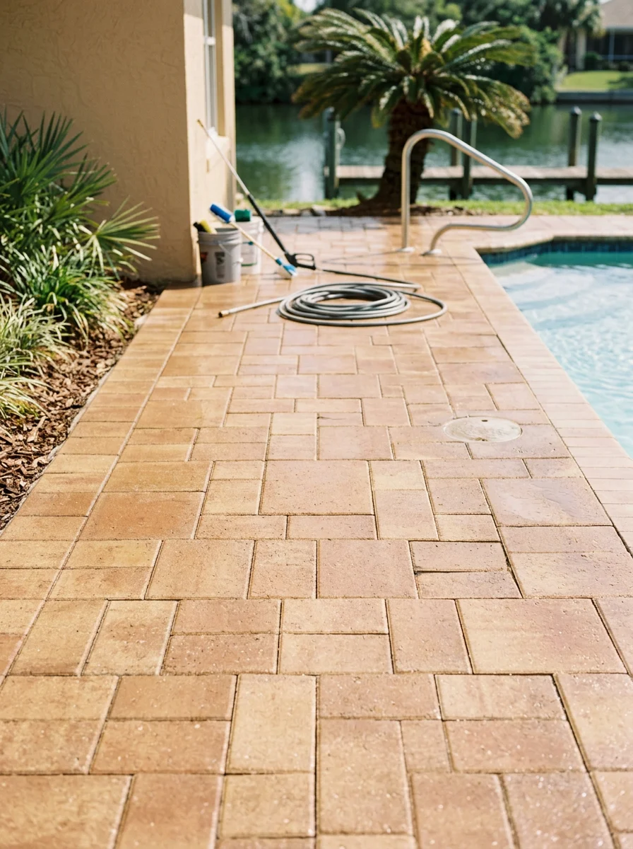 Close-up of a pressure-washed and sealed paver pool deck at a Palm City waterfront property showing clean, even color across the surface.