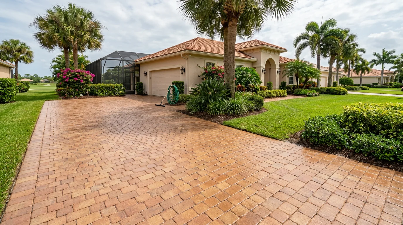 Freshly sealed brick paver driveway at a Palm City, FL golf community home with a pool cage visible in the background.