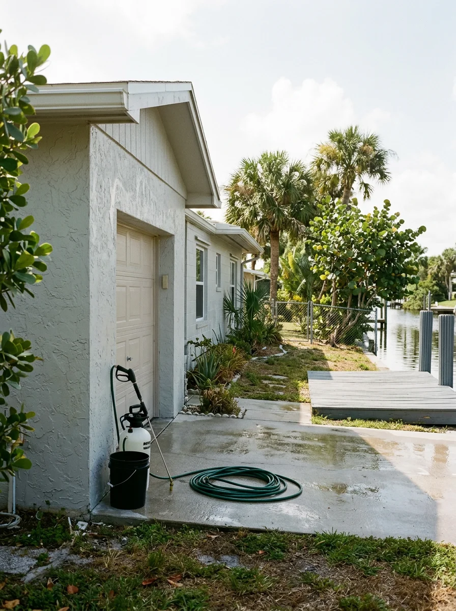 Soft-washed exterior of an older concrete block home in Port Salerno, FL with a clean driveway and canal-front yard visible along the side of the property.