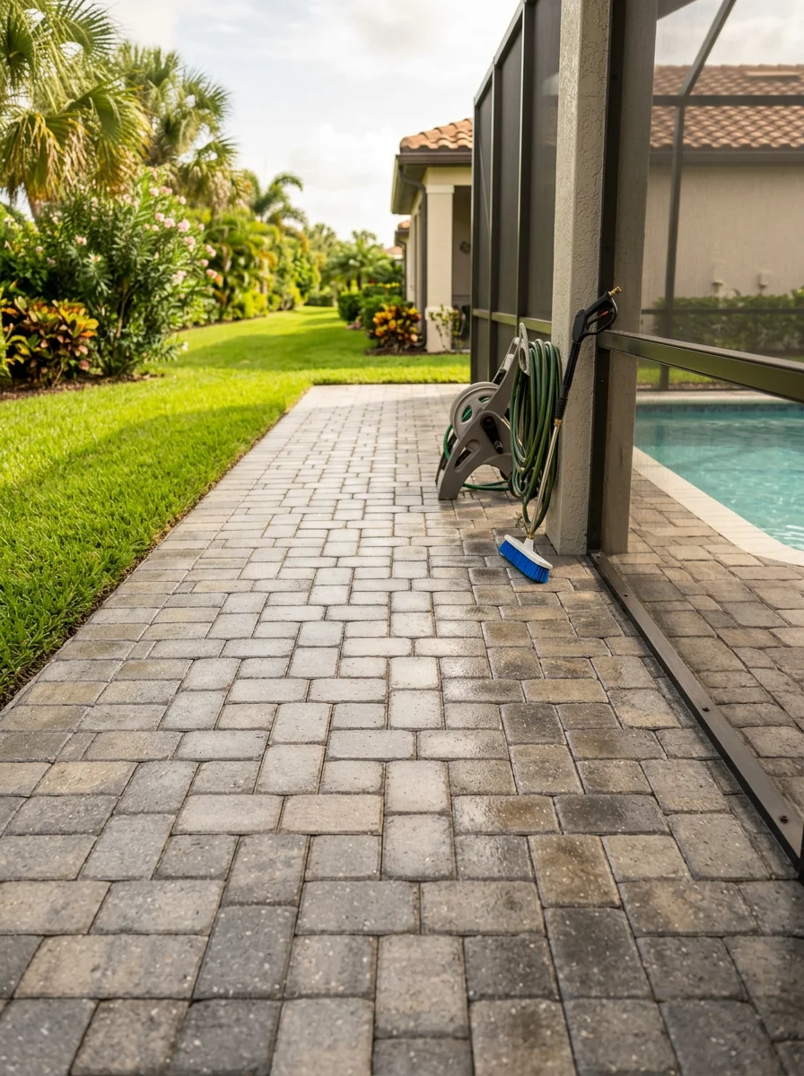 Pressure-washed and sealed paver pool deck at a Port St. Lucie, FL active-adult community home with a screened lanai and flat yard visible in the background.