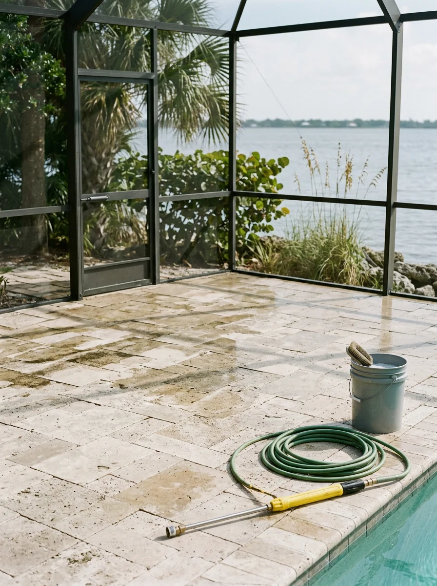 Pressure washing a pool deck and pool cage at a Rio, FL waterfront home