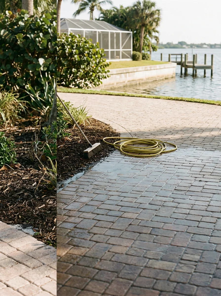 Cleaned brick paver driveway at a Stuart, FL waterfront home near the St. Lucie River with a dock and screen enclosure visible in the background.
