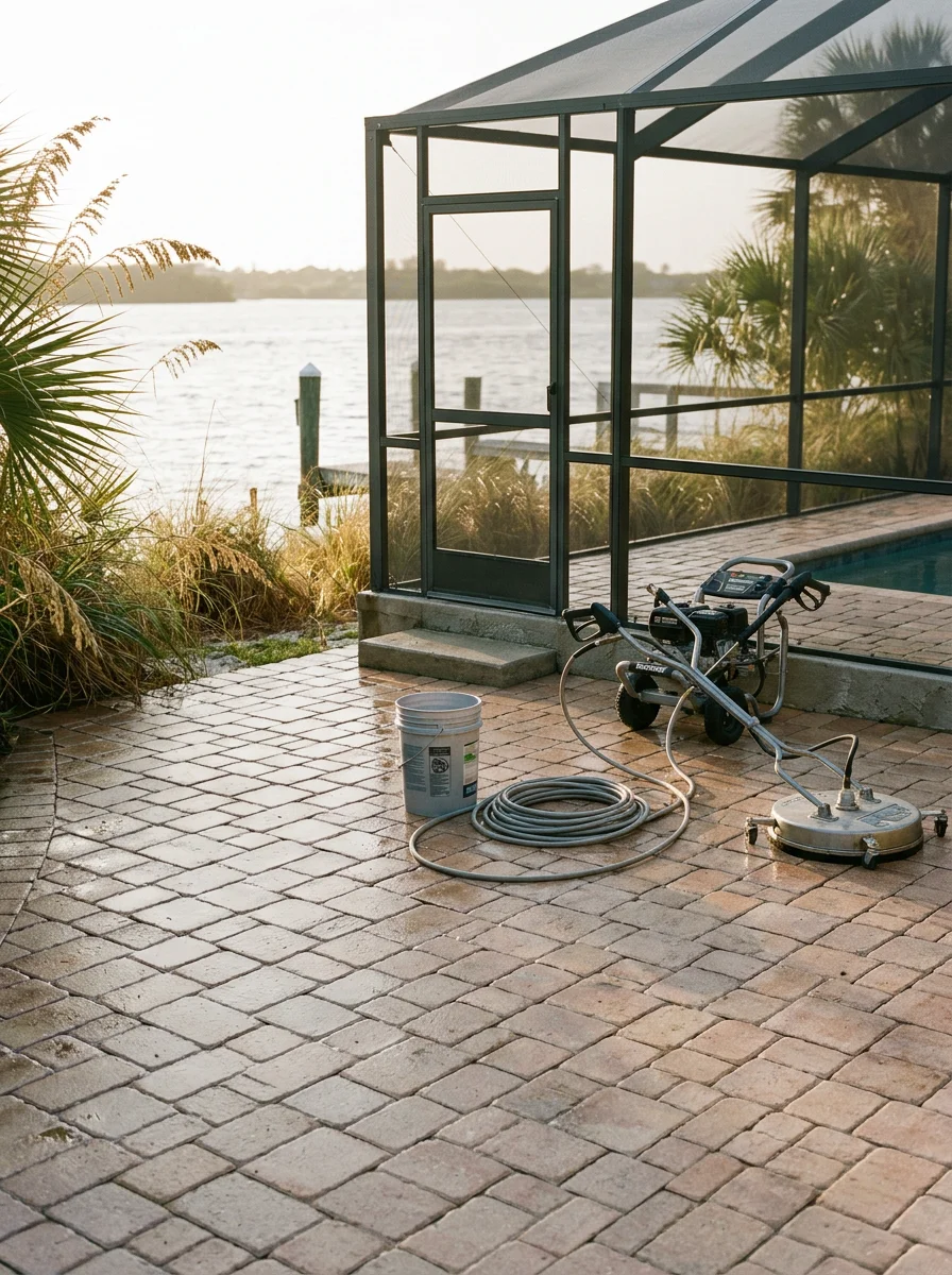 Cleaned paver pool deck and pool cage at a Tequesta riverfront property with the Loxahatchee River visible through the screen enclosure in the background.