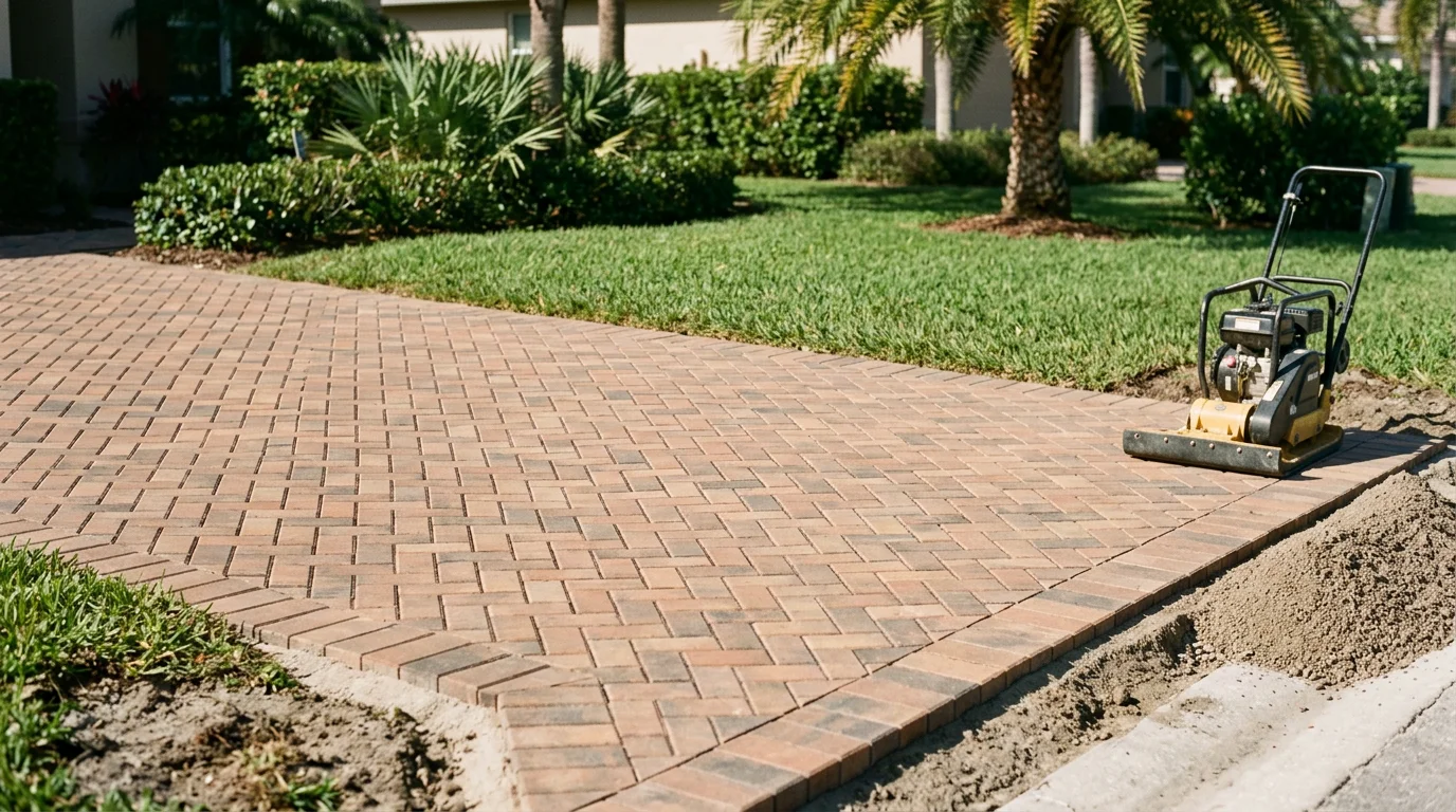 Freshly installed brick paver surface on a residential property in Palm City, Florida, showing a uniform pattern with clean jointing and a compacted base visible at the edge. The surrounding landscape reflects the lush, subtropical setting typical of Martin County homes.