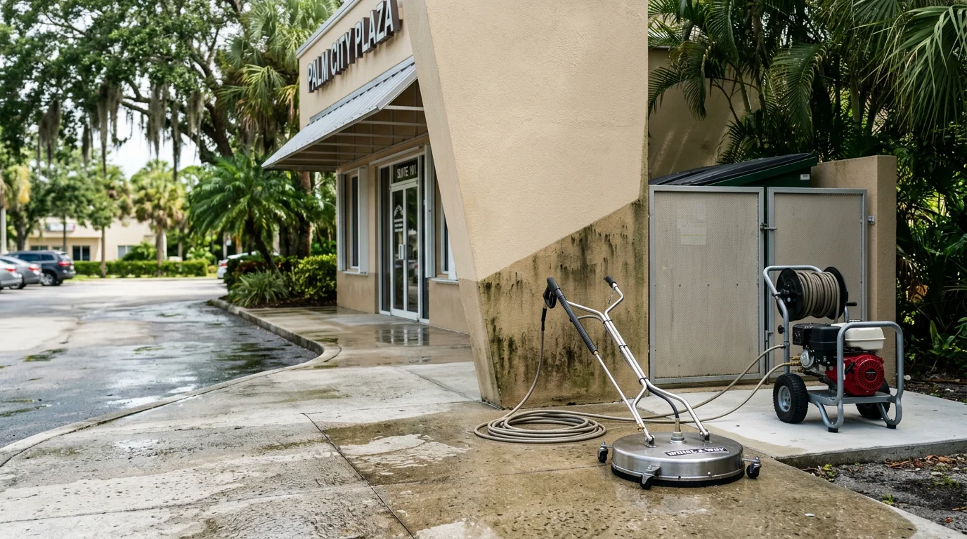 A commercial building exterior in Palm City, FL being pressure washed to remove algae streaking and grime from a stucco facade. The cleaned section shows a bright, restored surface compared to the dirty area still awaiting treatment.