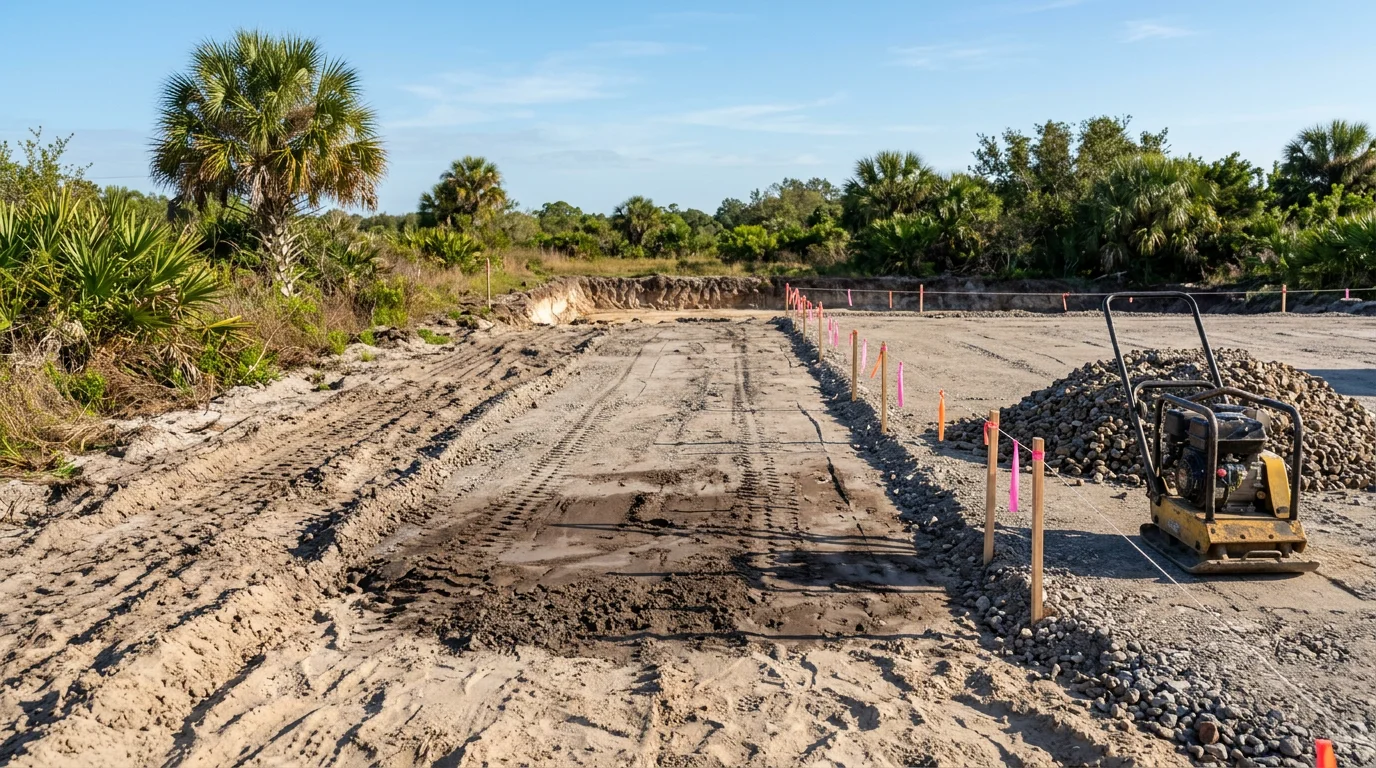 Freshly installed driveway on a residential property in Palm City, FL, with a smooth compacted surface and clean edges leading to a home garage. The surrounding landscape reflects the flat terrain and lush vegetation typical of Martin County.