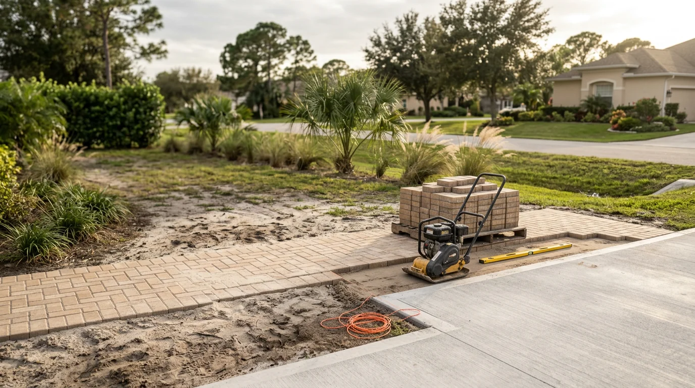 Freshly paved residential driveway and front walkway at a Palm City, Florida home, showing a smooth, level surface with clean edges and proper slope away from the garage.