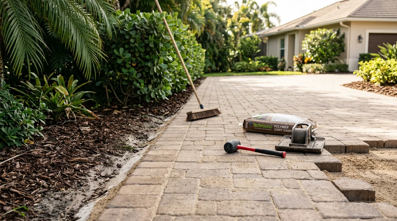 A repaired residential driveway in Palm City, FL showing re-leveled pavers with fresh joint sand and a smooth, even surface. The driveway leads to a single-family home under Florida's bright afternoon sun.