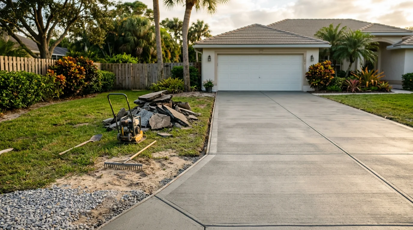 A freshly replaced residential driveway in Palm City, FL showing a clean, level surface leading to a single-family home. The new driveway runs from the street to the garage with no visible cracking or uneven sections.