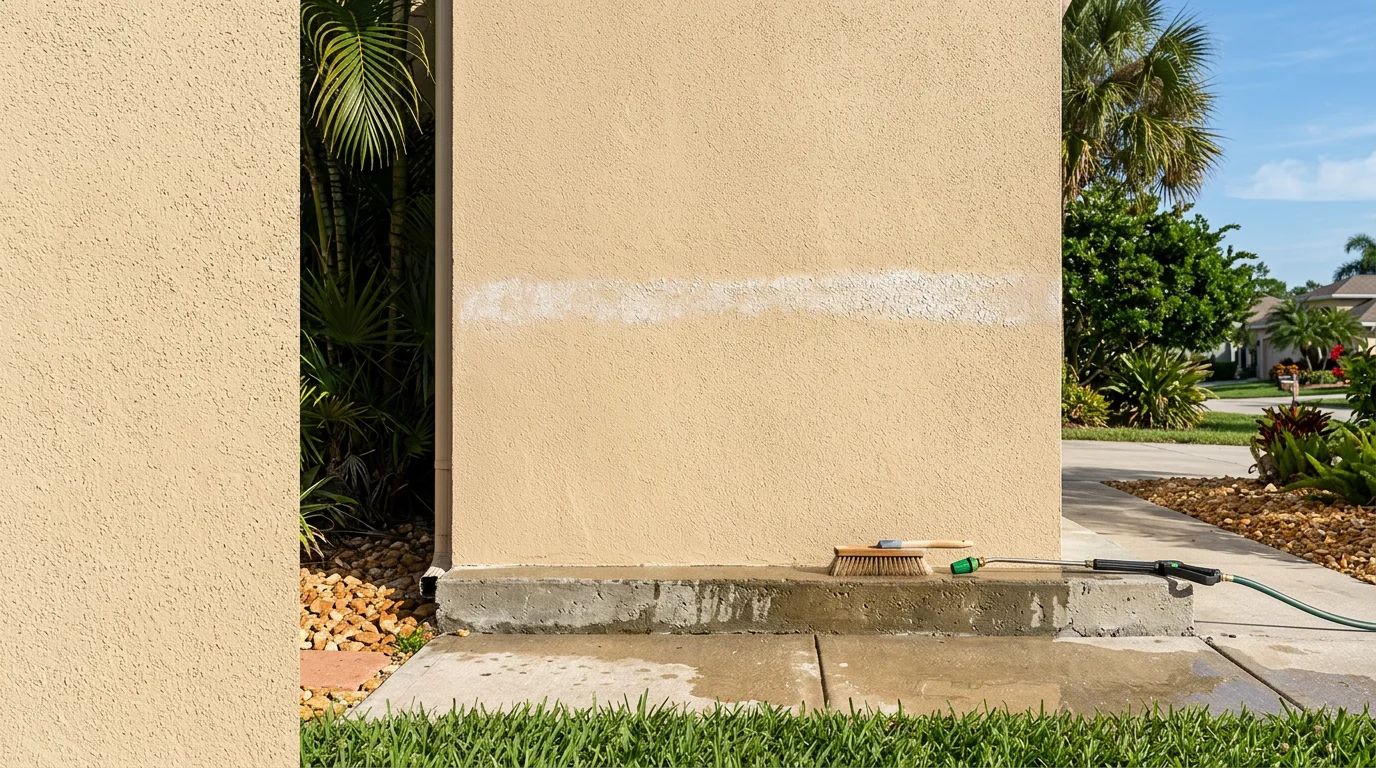 White efflorescence salt deposits on a concrete block exterior wall in Palm City, Florida, before professional cleaning. Close-up view showing powdery crust along mortar joints and the lower stem wall section.