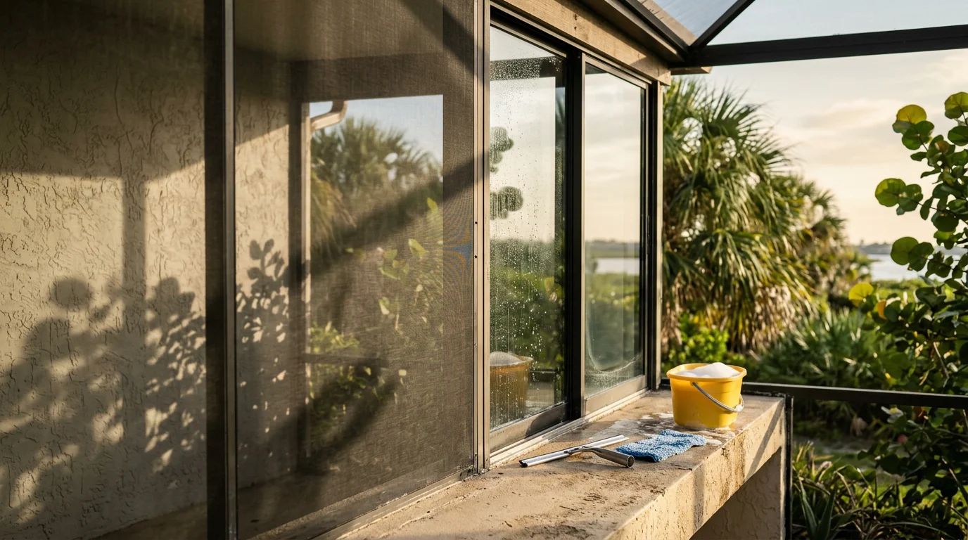 A Palm City, FL home's sliding glass door and adjacent lanai glass panels after professional cleaning, showing clear streak-free glass with no salt film or water spots. The St. Lucie River waterfront setting is visible through the clean glass in the background.