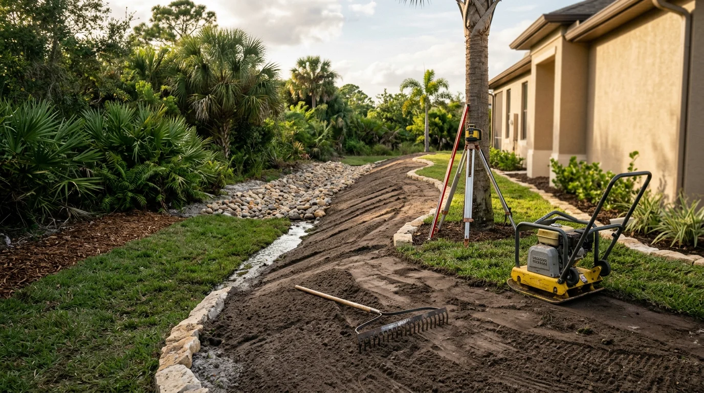 A freshly graded residential yard in Palm City, FL showing smooth, evenly sloped ground angled away from the home's foundation. The resloped surface is clear of low spots and ready for sod installation.