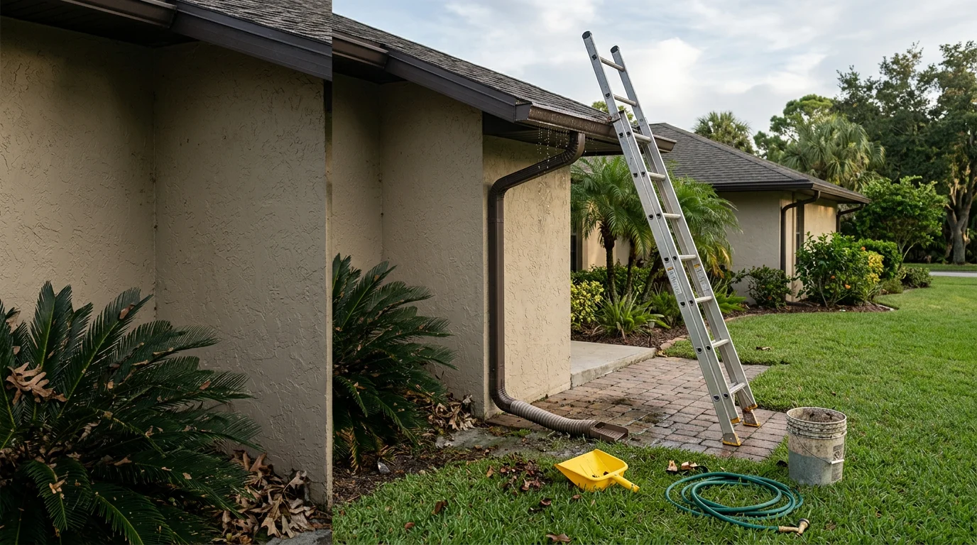 A technician clearing packed leaf and organic debris from a residential gutter on a single-story home in Palm City, Florida. Clean downspouts are visible along the roofline with a lush tropical tree canopy in the background.