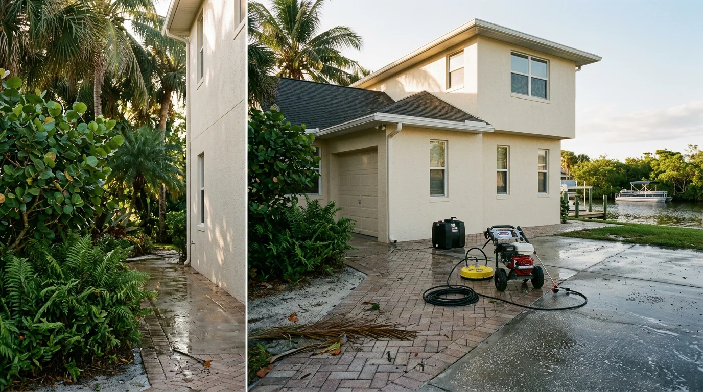 A two-story stucco home in Palm City, FL with a freshly washed exterior, showing clean white walls free of green algae and mildew streaks. Sun Coast Exterior Cleaning LLC house washing service result on a residential property in Martin County.