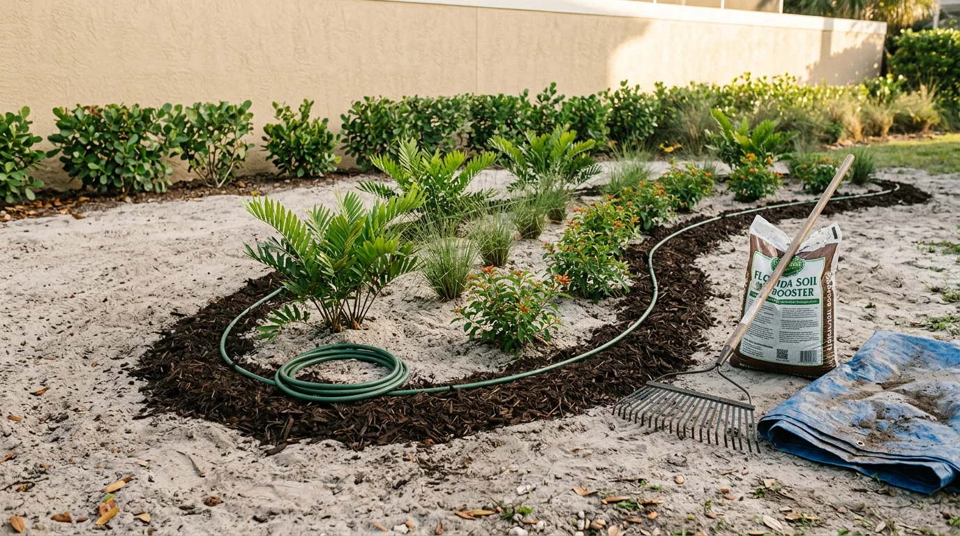 Freshly installed plant beds with mulched borders along the front of a residential home in Palm City, Florida. Ground cover and tropical plantings are arranged in a clean layout suited to the coastal Martin County climate.