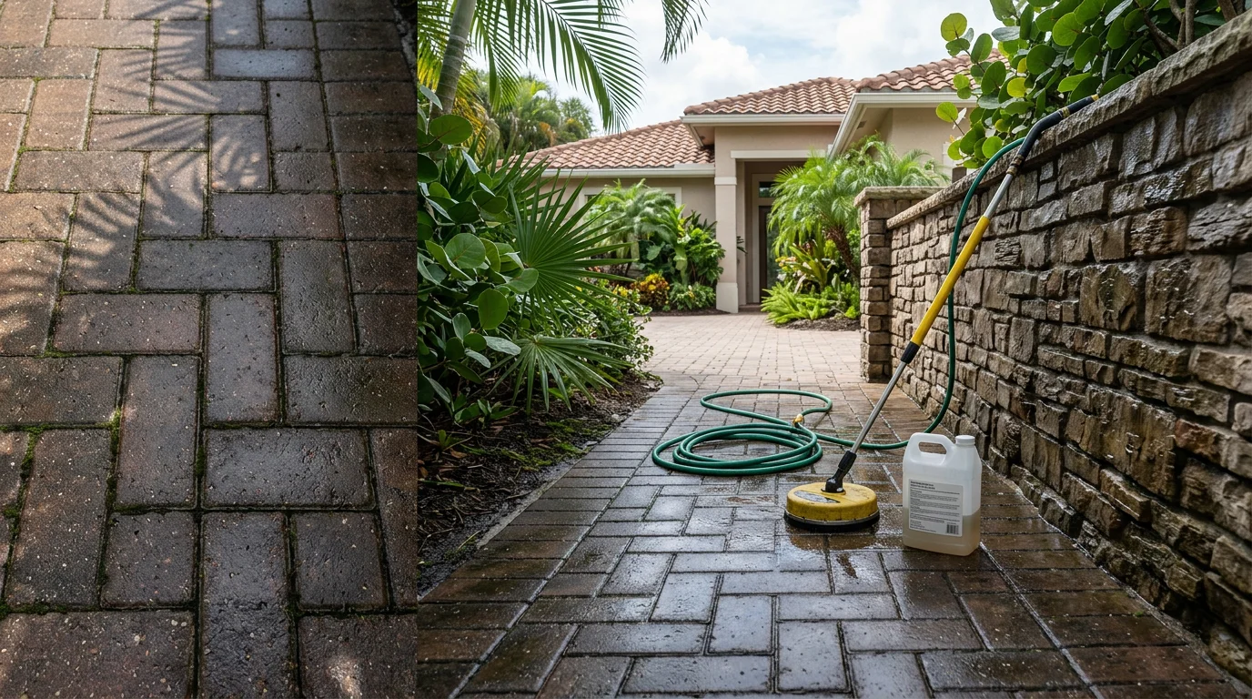A brick exterior wall on a Palm City, FL home after professional masonry cleaning, showing restored color with algae and dark streaking removed. The cleaned surface contrasts with the surrounding Martin County tropical landscape.