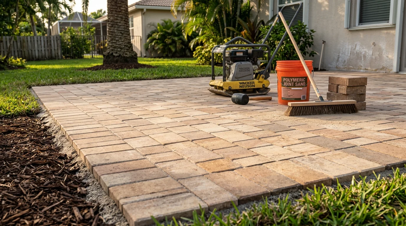 Freshly paved residential patio in Palm City, FL with a clean paver surface and defined edges surrounded by a landscaped backyard. Close view shows the textured surface and tight joints typical of a professionally installed patio in South Florida's coastal climate.
