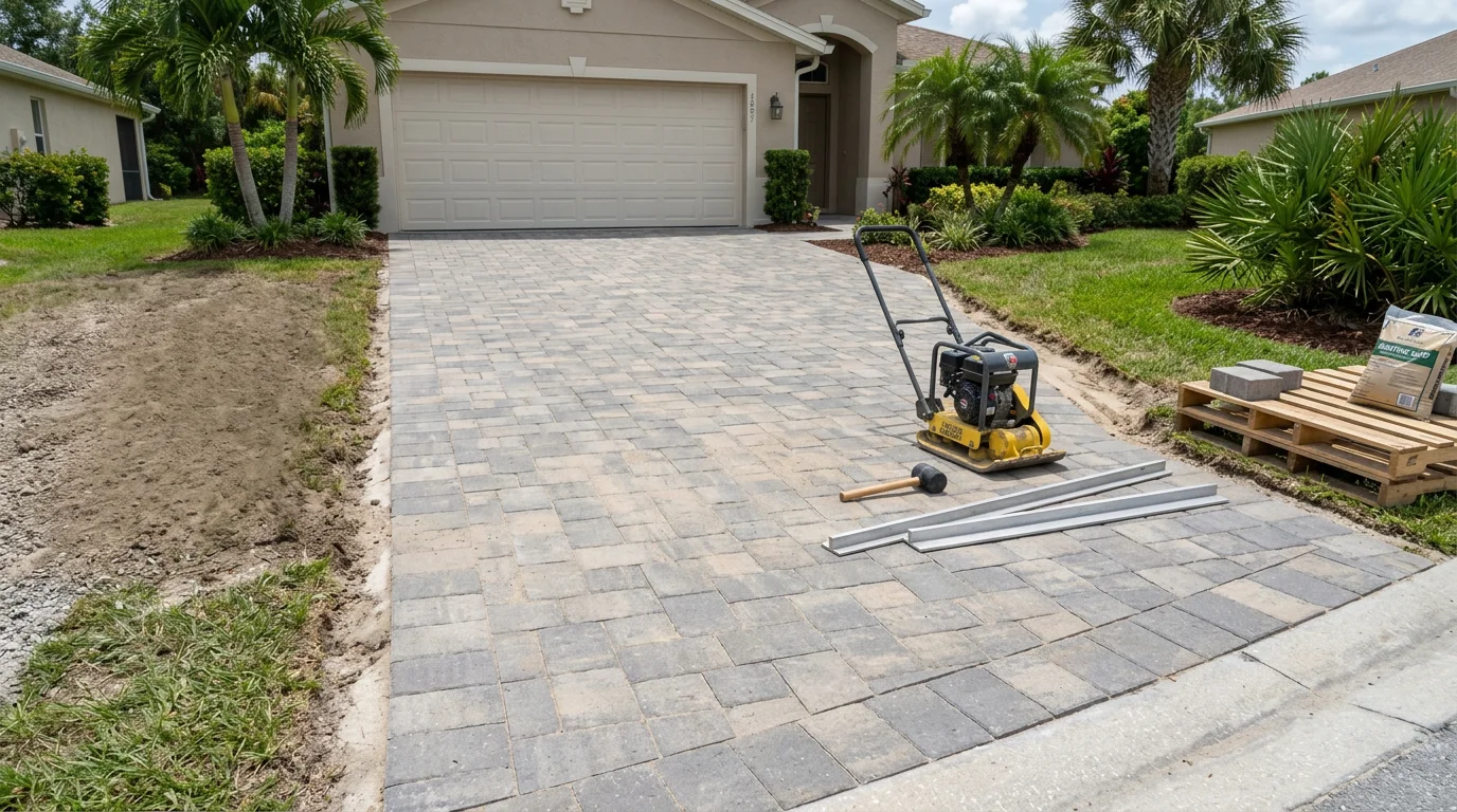 Freshly installed interlocking pavers forming a walkway outside a residential home in Palm City, FL. The surface is level and evenly jointed, with a clean edge border and surrounding Florida landscaping.