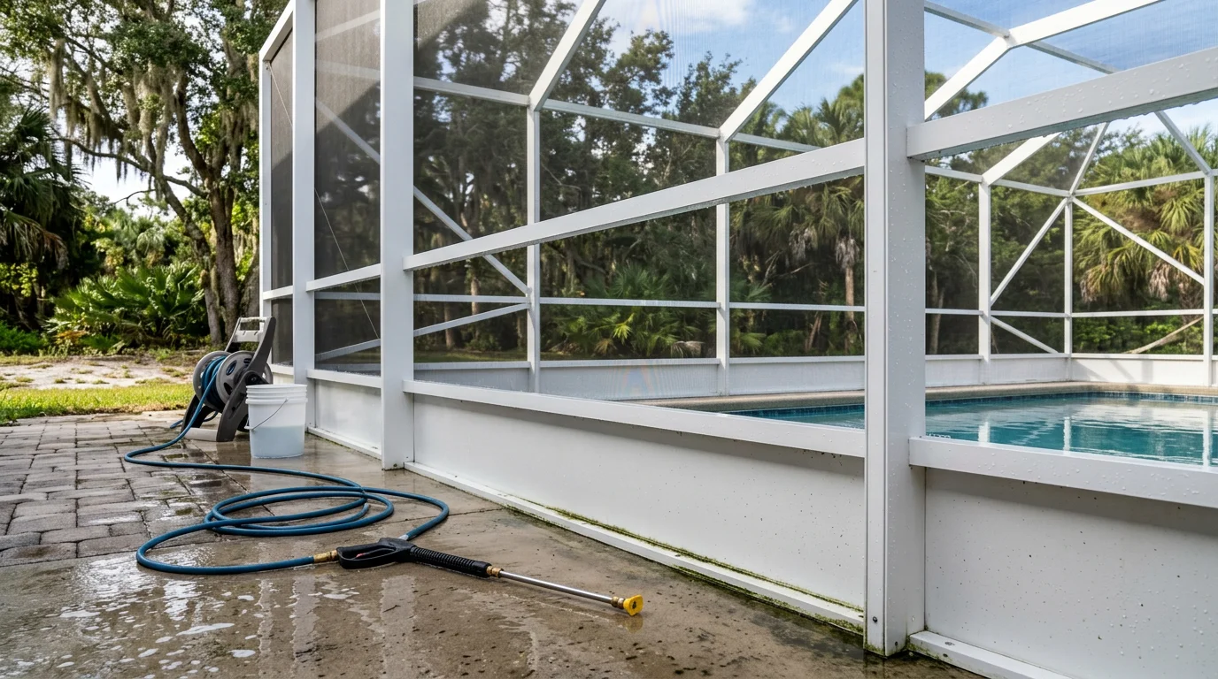 A pool cage enclosure in Palm City, FL with clean, clear screen panels and bright aluminum frames after professional soft wash cleaning. The pool and backyard are visible through the mesh with no green algae film or haze on the screens.
