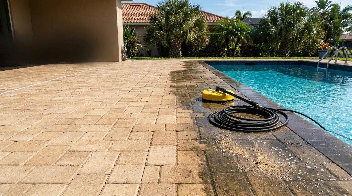 A Palm City, FL pool deck before and after professional cleaning, showing algae and dark staining removed from concrete pavers surrounding a residential pool. The cleaned surface appears bright and even, with no visible mold or organic buildup.