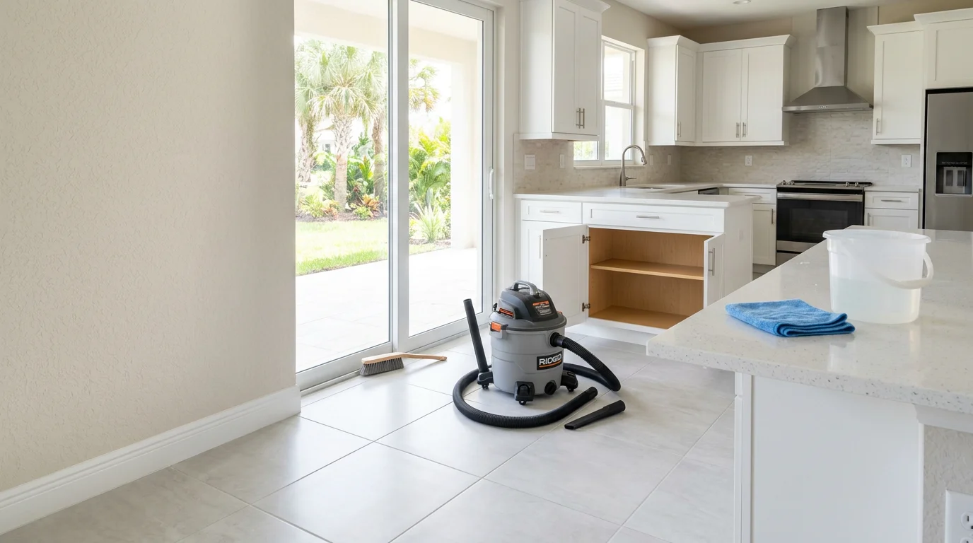 Interior of a newly built Palm City, FL home after post construction cleaning, showing dust-free baseboards, clean tile floors, and polished fixtures ready for move-in. Sun Coast Exterior Cleaning LLC serving Martin County and surrounding areas.