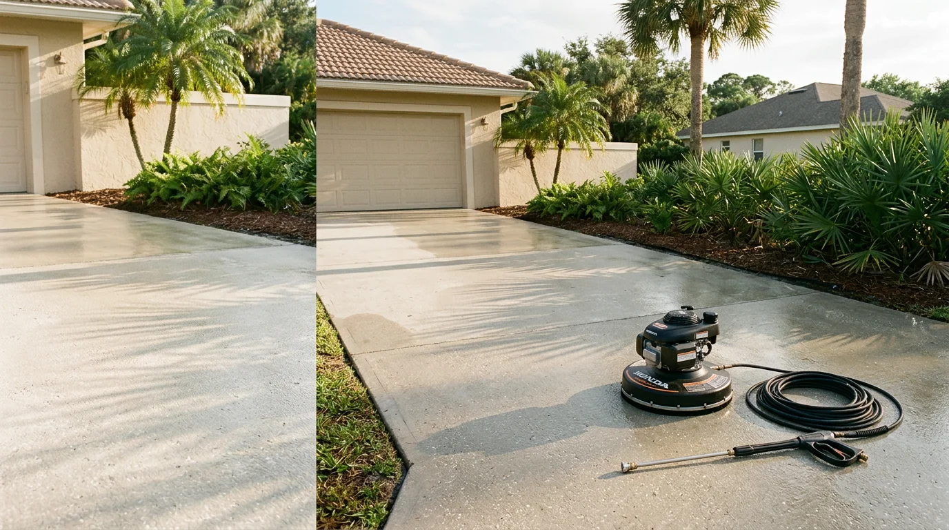 A concrete driveway in a Palm City, FL residential neighborhood shown after power washing, with algae and dark organic staining removed and the surface restored to a clean, even appearance. A paver walkway leading to the front entry is visible in the background, also freshly cleaned.