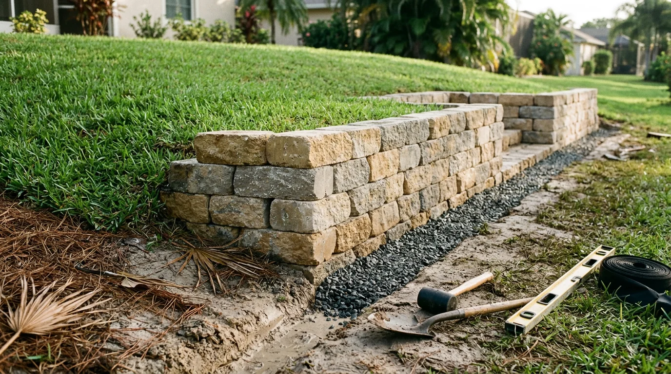 A finished retaining wall holding back a sloped yard at a residential property in Palm City, Florida. The wall creates a level planting area with clean edges along a green lawn.
