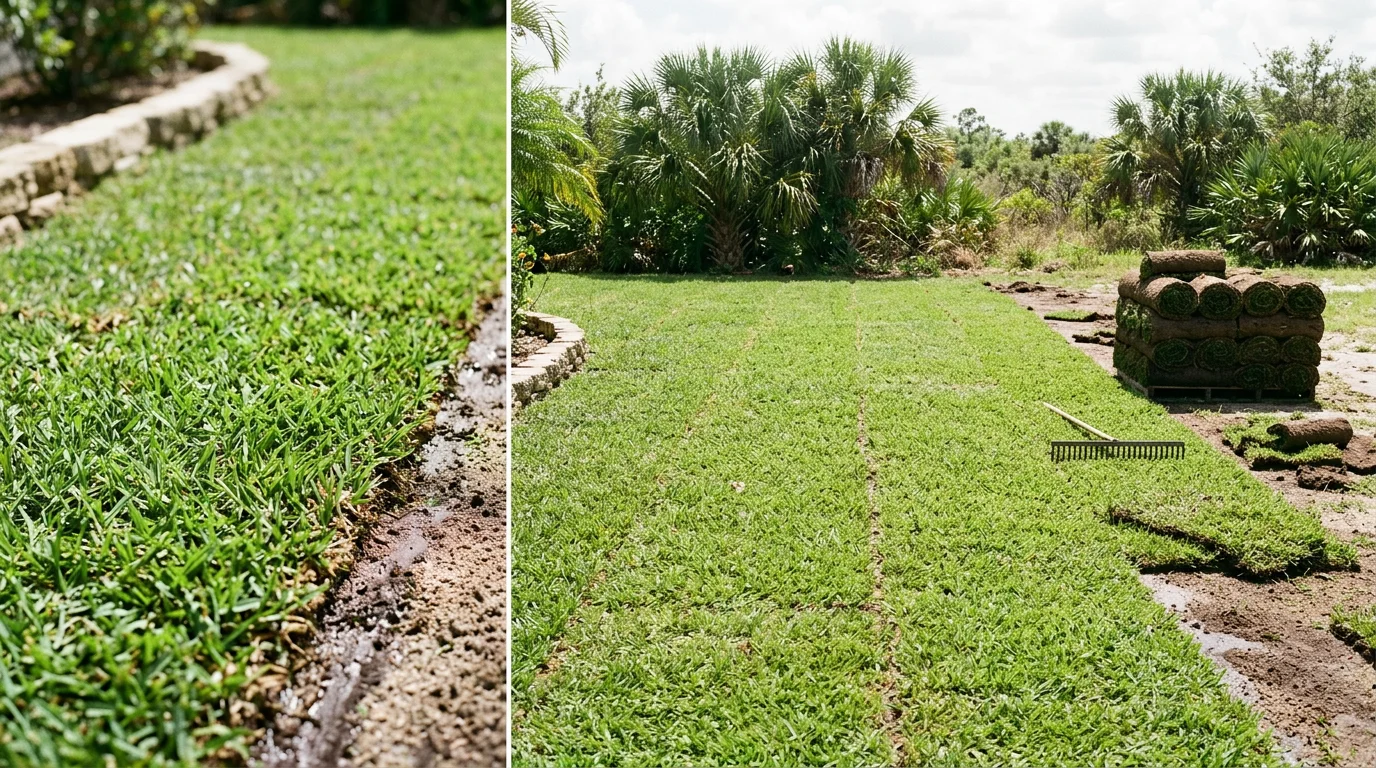 Freshly installed green sod covering a residential lawn in Palm City, Florida, with clean edges along a concrete driveway. A landscaper presses sod pieces into prepared sandy soil under a clear South Florida sky.