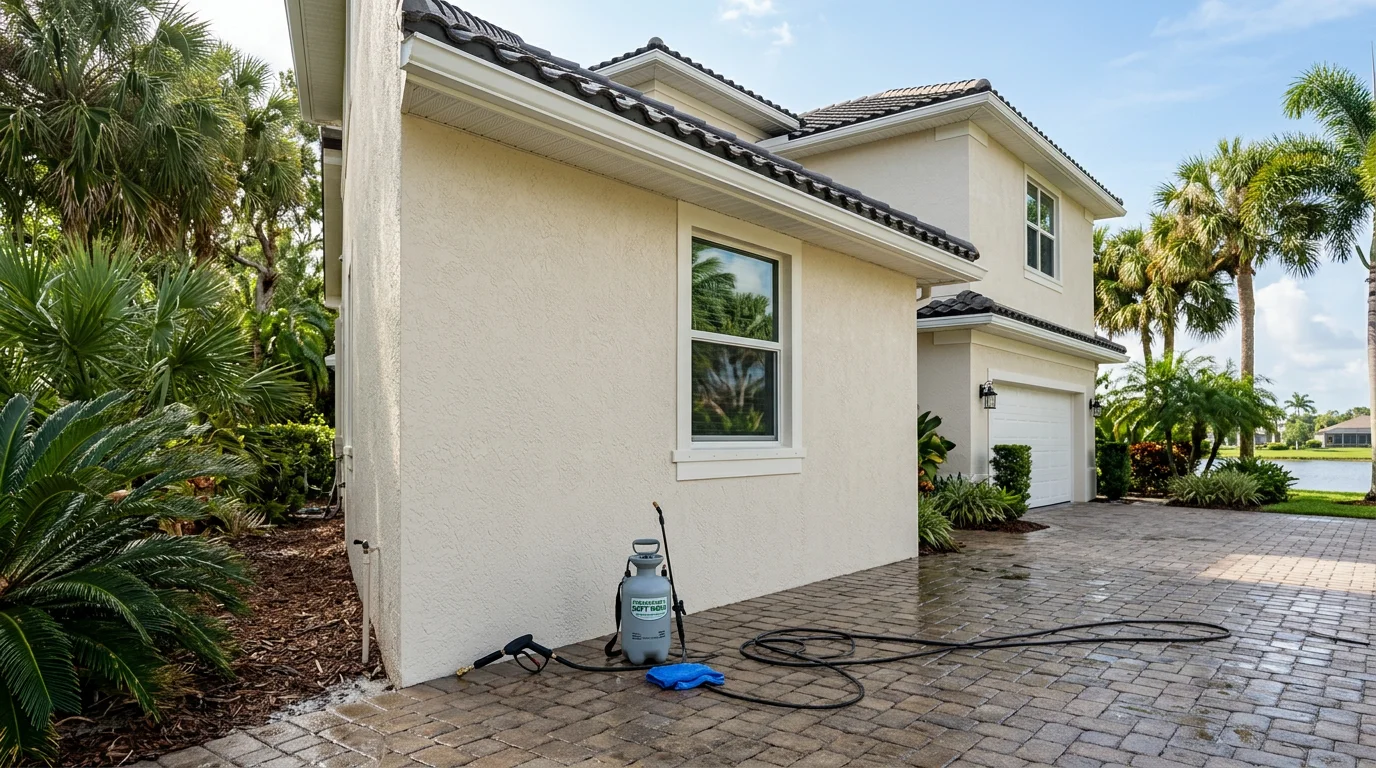 A Palm City, FL home exterior after professional soft wash cleaning, showing clean stucco walls and a tile roof free of algae streaks and mildew staining. Sun Coast Exterior Cleaning LLC soft wash service result in Martin County, Florida.