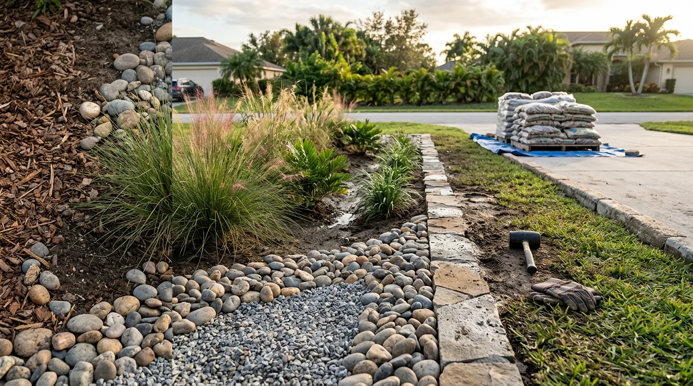 Stone landscaping installation in a Palm City, FL residential front yard, showing decorative ground cover stone in defined planting beds with clean edges along a home's exterior. The finished yard reflects a low-maintenance design suited to Martin County's rainy season climate.