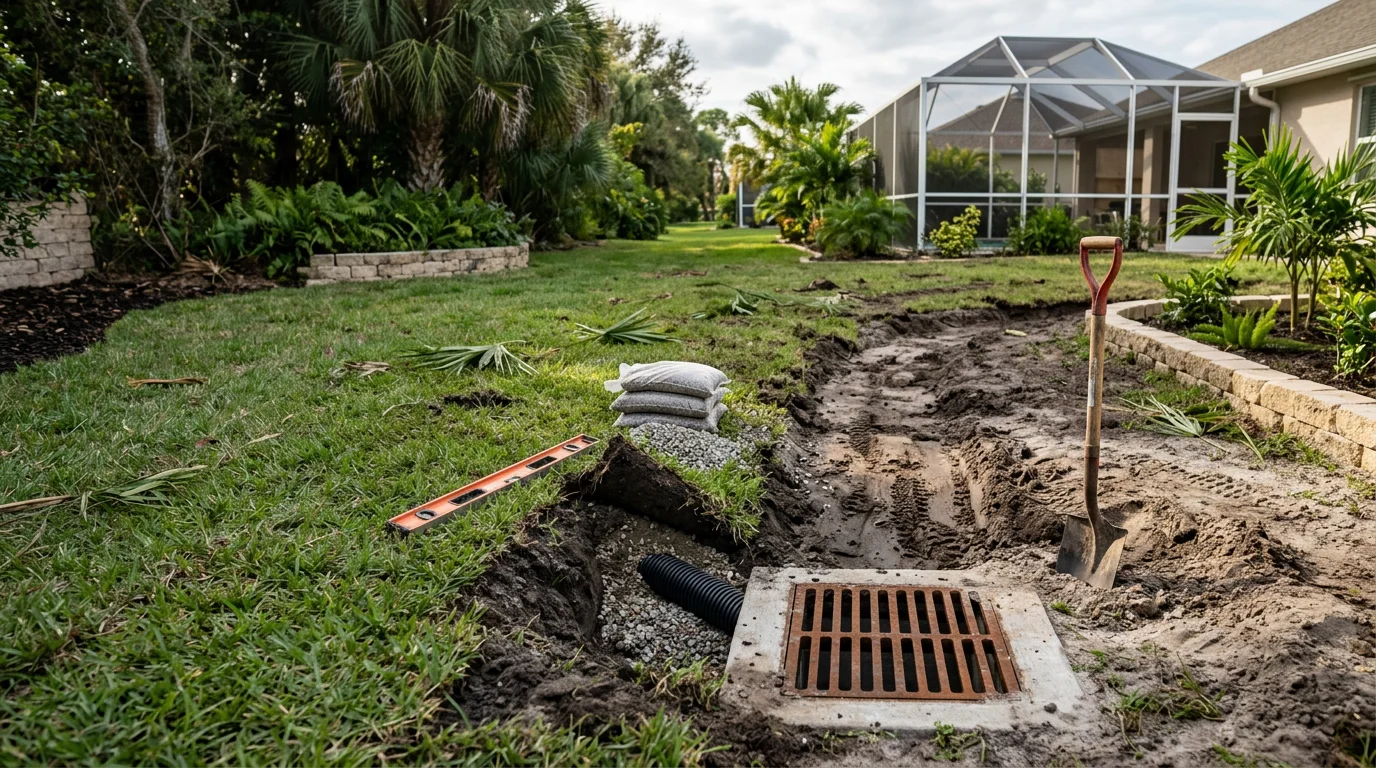 A Palm City, FL residential backyard after yard drainage work, showing a dry, even lawn with no standing water following a rainstorm. A catch basin inlet is visible at a low point in the yard near a concrete patio edge.