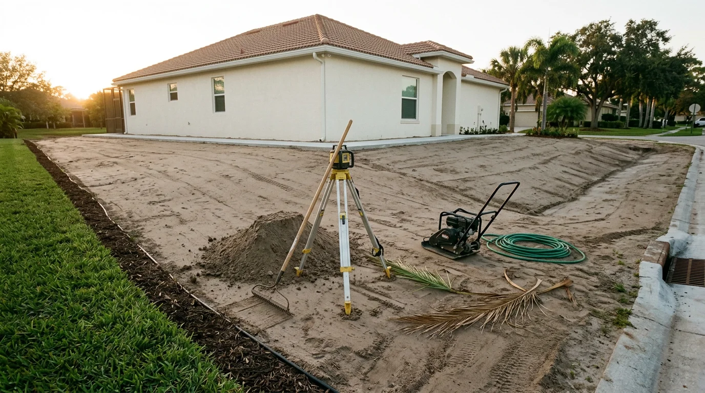 A freshly graded residential yard in Palm City, FL with smooth, evenly sloped soil ready for sod installation. The ground slopes gently away from the home's concrete slab foundation toward the property edge.